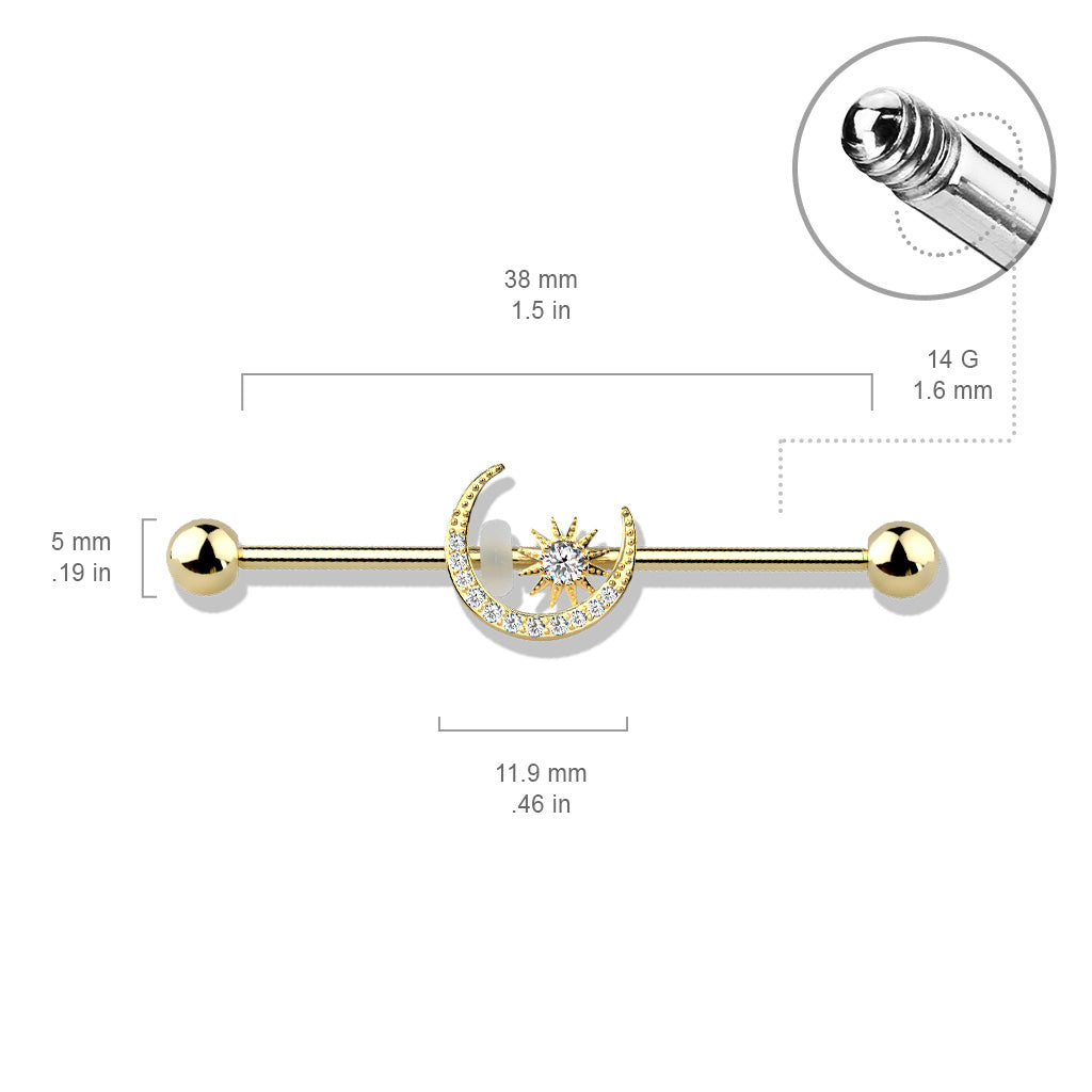 Surgical Steel Industrial Barbell with CZ Paved Moon and Center Star External Thread
