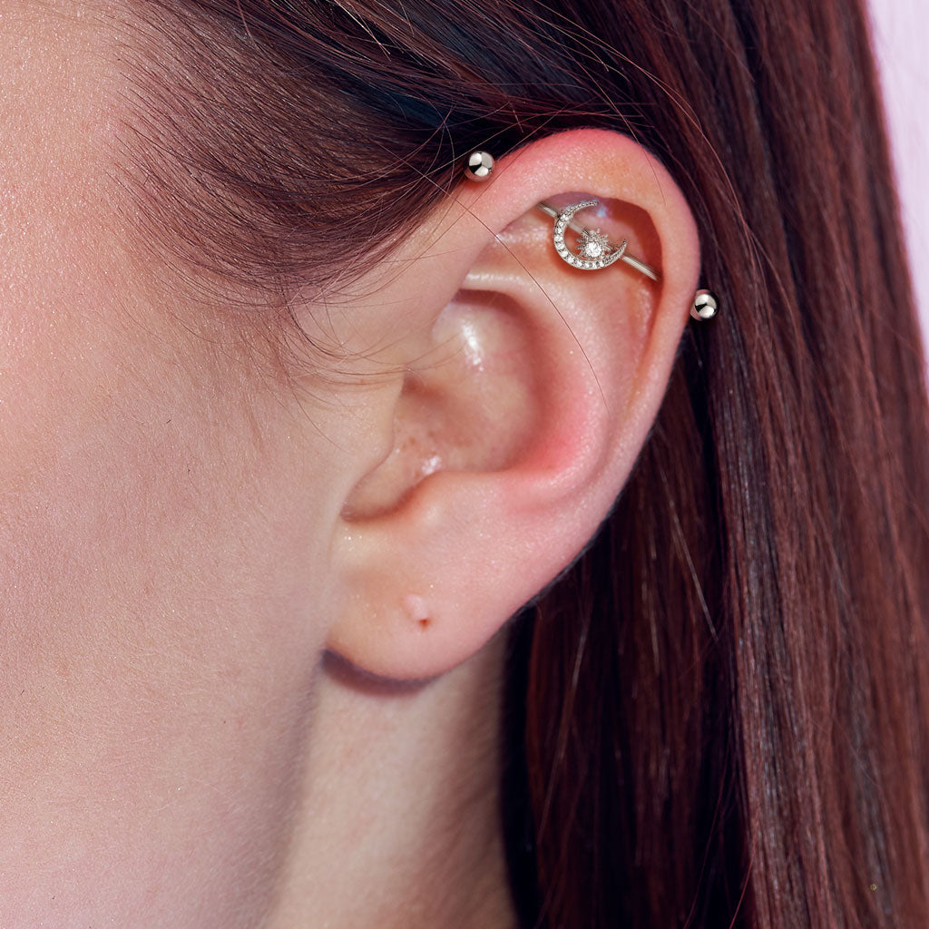 Surgical Steel Industrial Barbell with CZ Paved Moon and Center Star External Thread