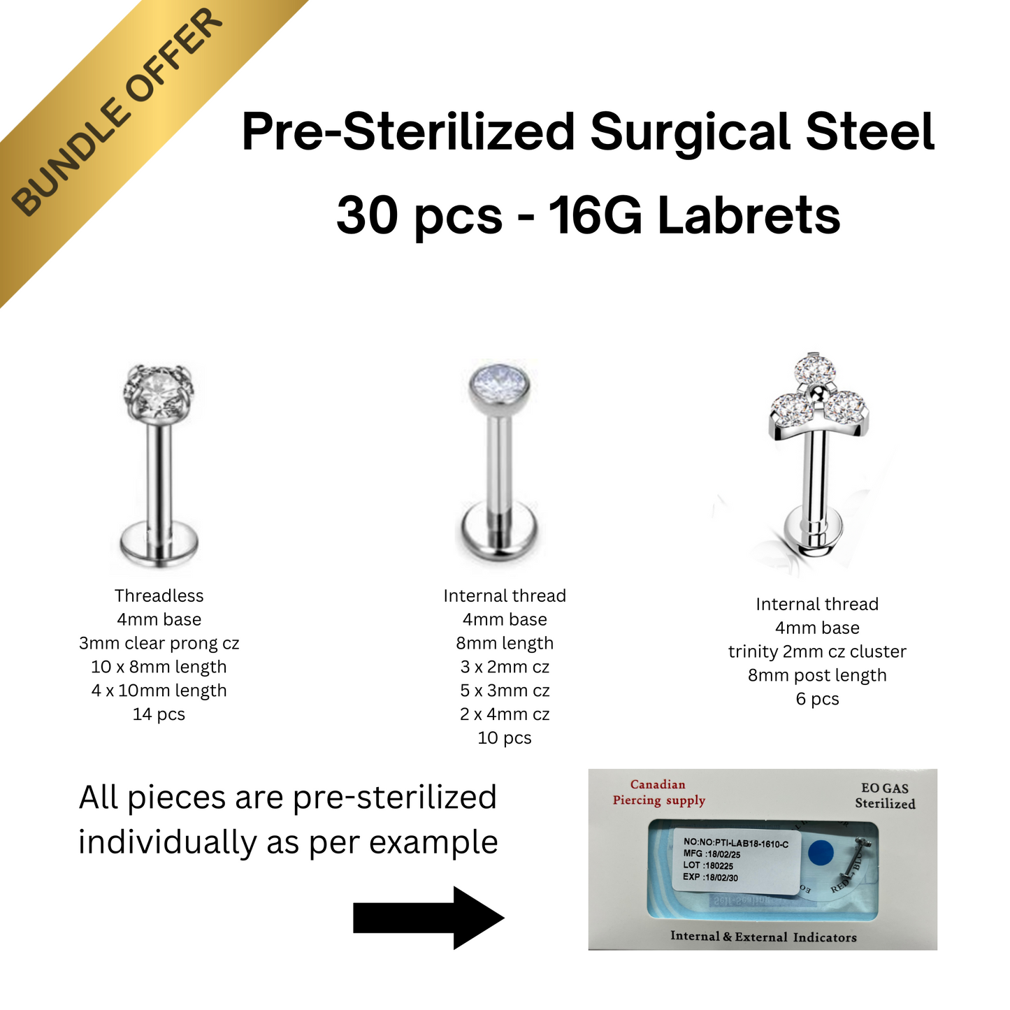 Pre-Sterilized Surgical Steel 16G Labret 30pc Bundle for Ear Cartilage