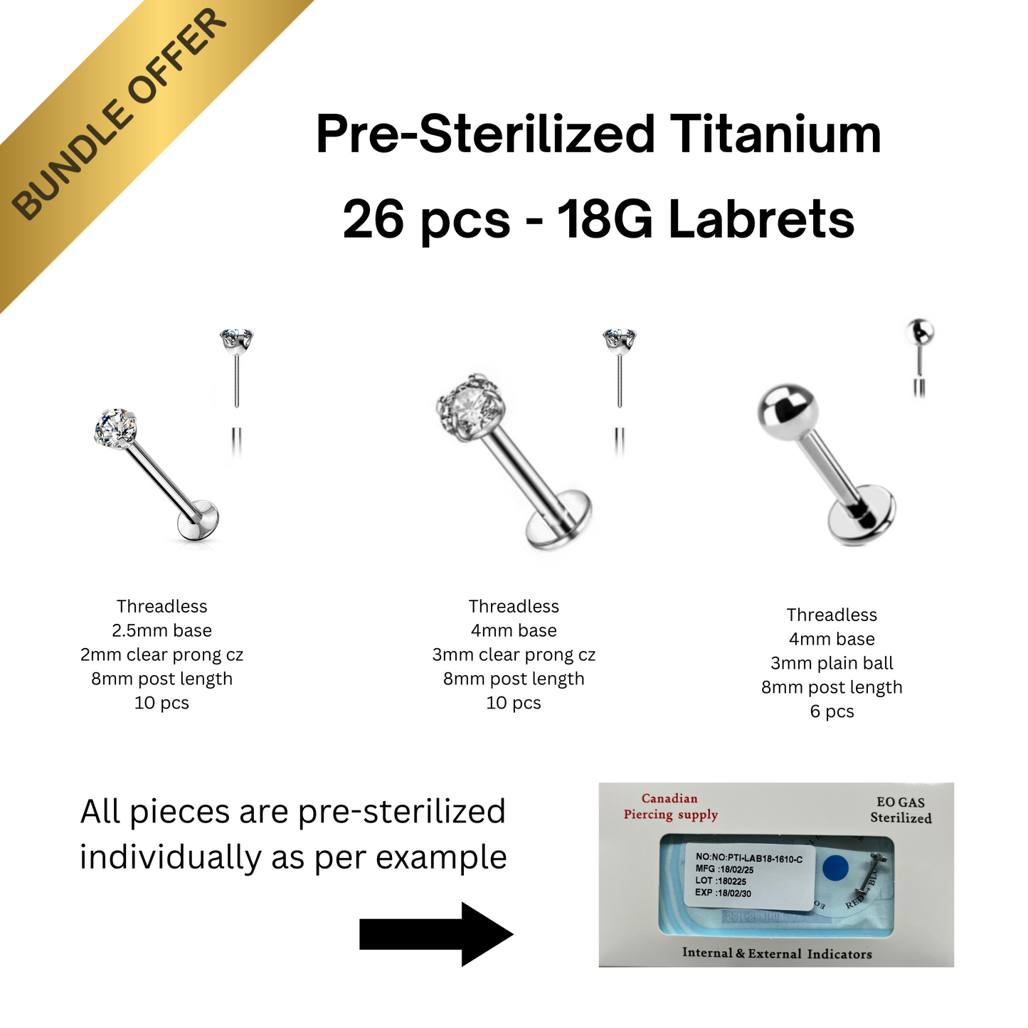 Pre-Sterilized Titanium 18G Threadless Labret 26pc Bundle for Nostril & Lobes