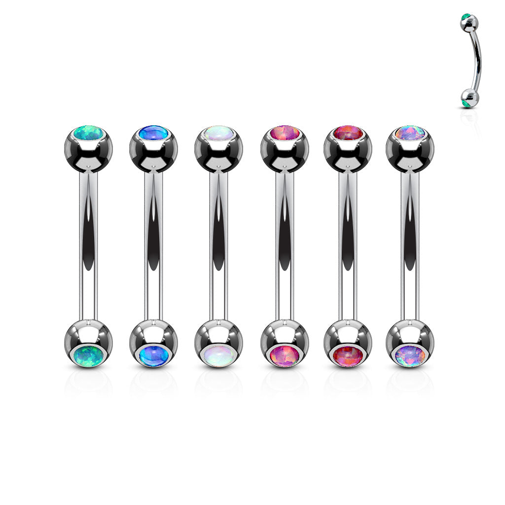 Surgical Steel Curved Barbell with Opal Bezel Set Externally Threaded Ends