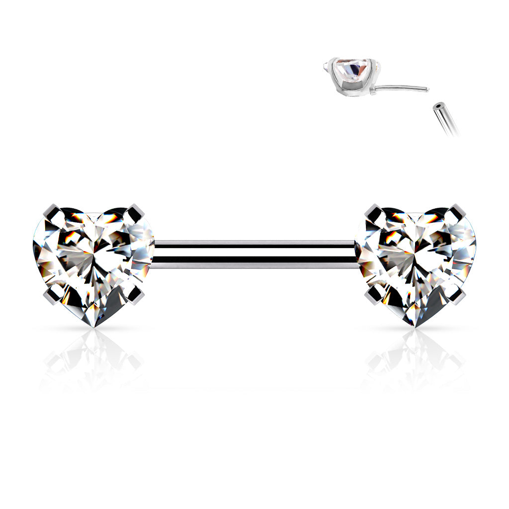 Threadless Surgical Steel Nipple Barbell Combo with Heart Gem Ends