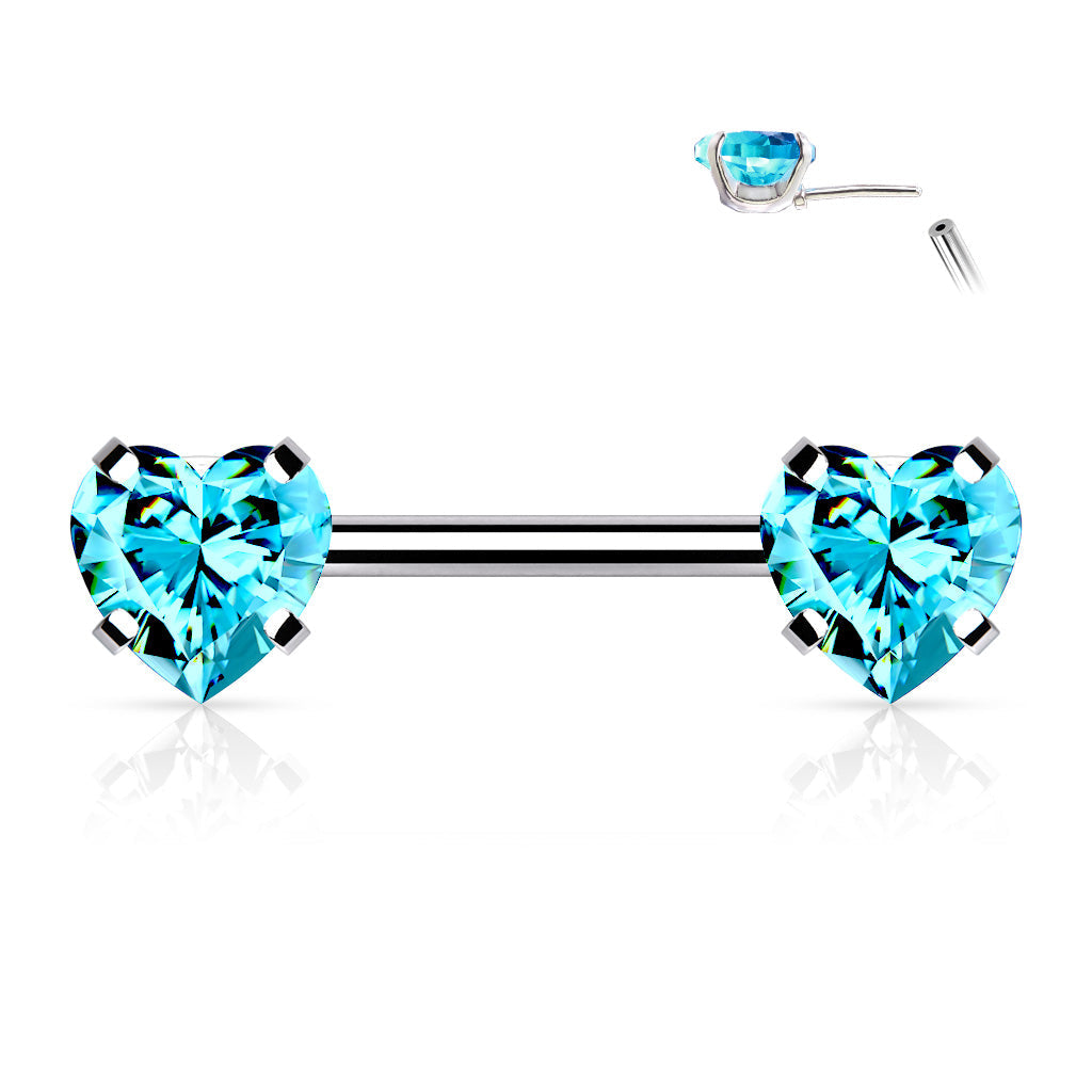 Threadless Surgical Steel Nipple Barbell Combo with Heart Gem Ends
