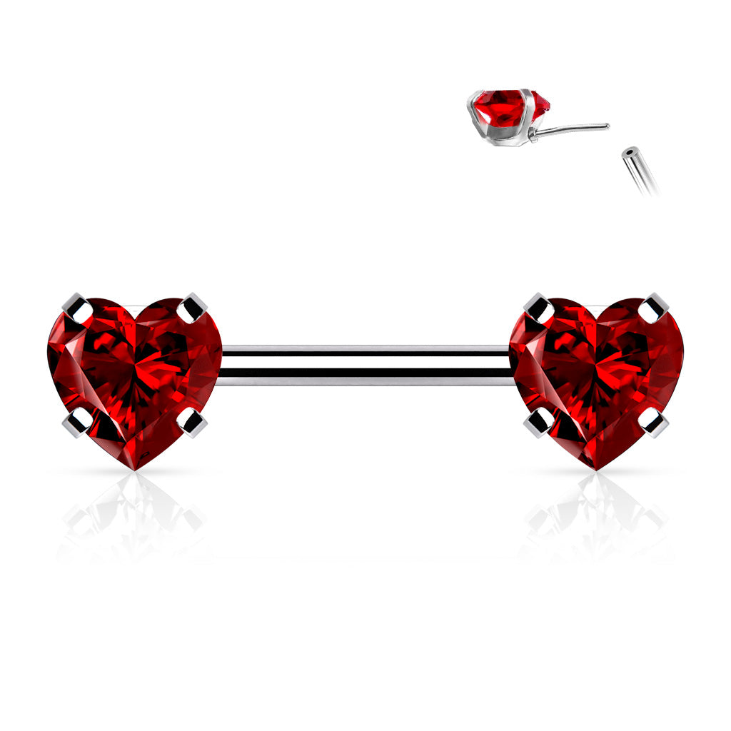 Threadless Surgical Steel Nipple Barbell Combo with Heart Gem Ends