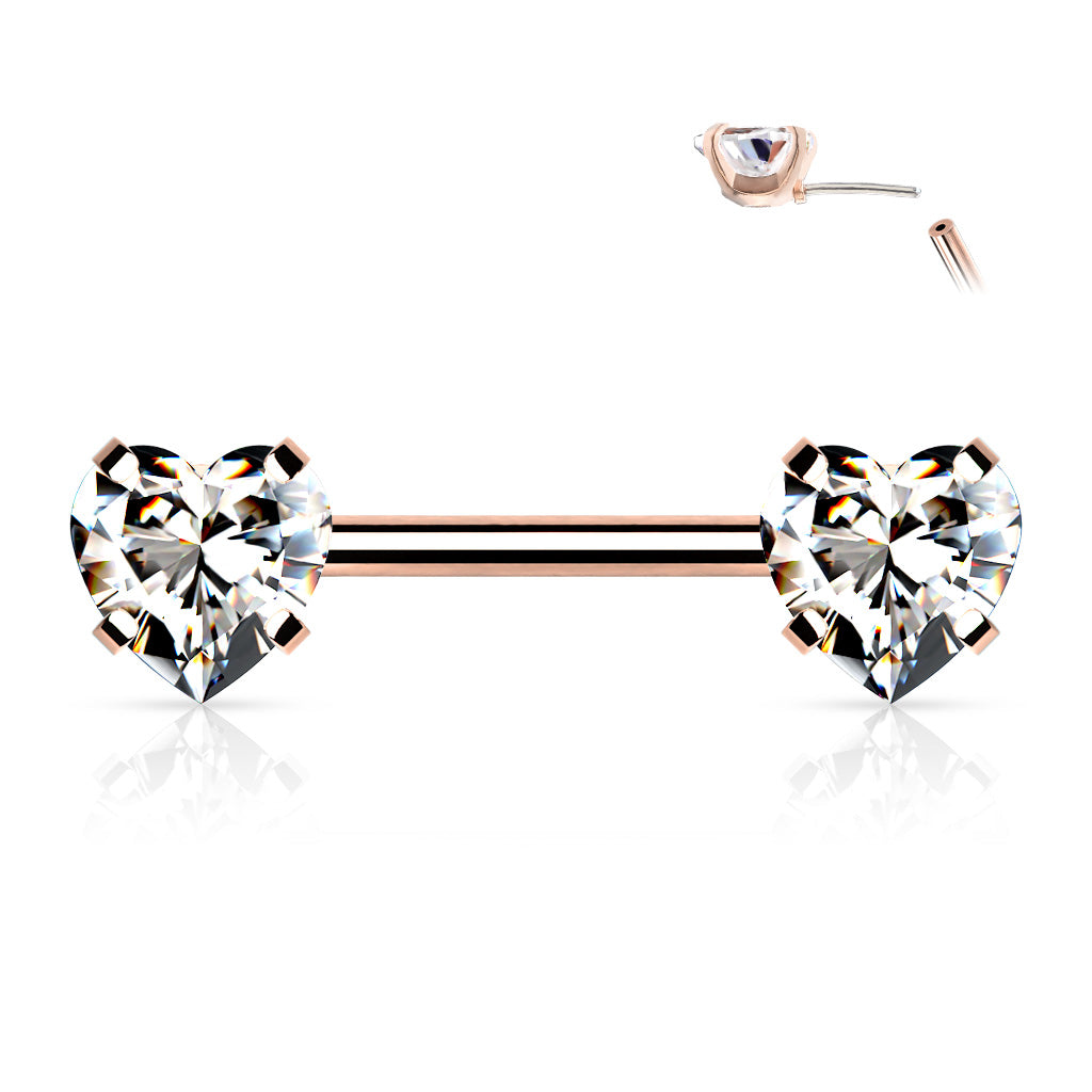 Threadless Surgical Steel Nipple Barbell Combo with Heart Gem Ends