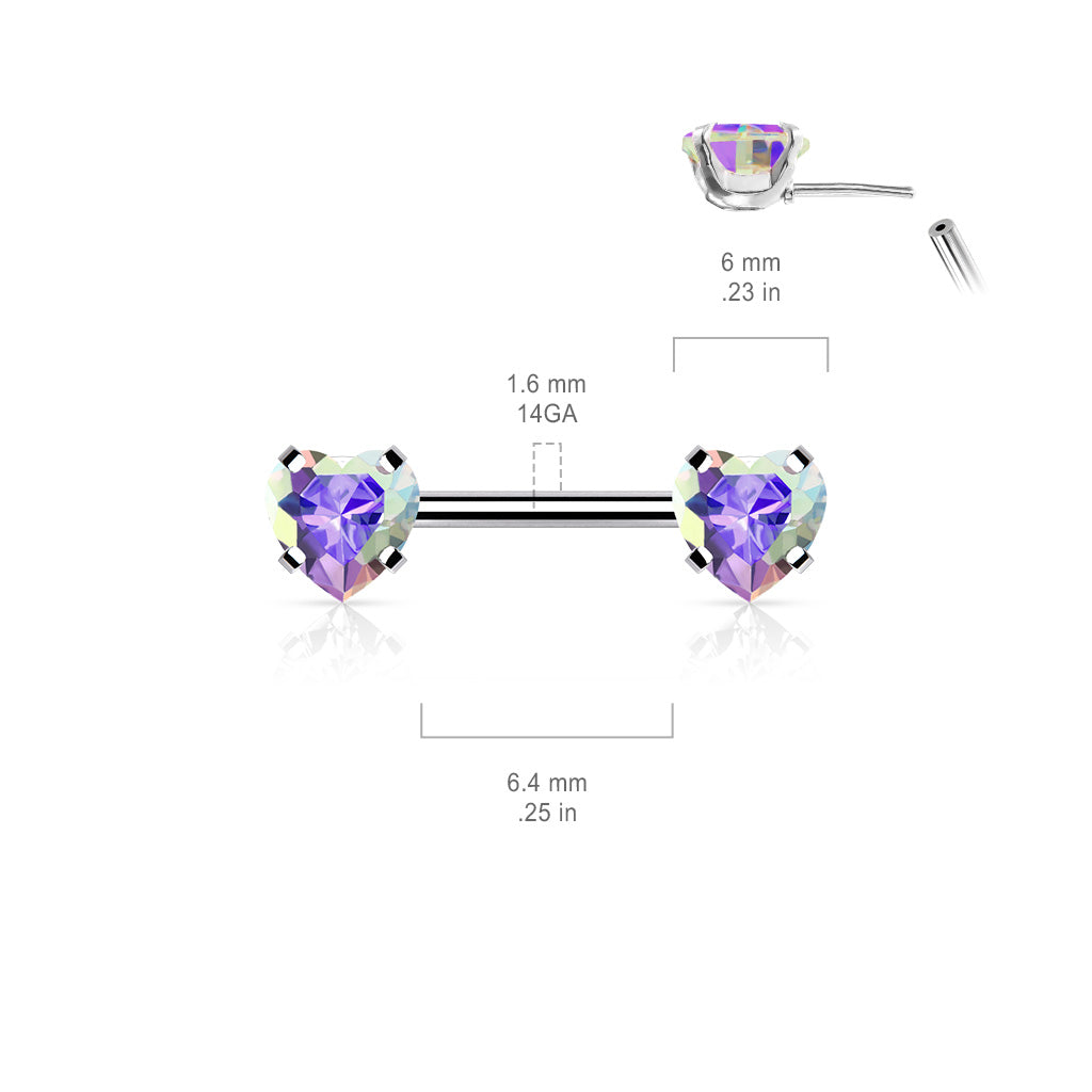 Threadless Surgical Steel Nipple Barbell Combo with Heart Gem Ends