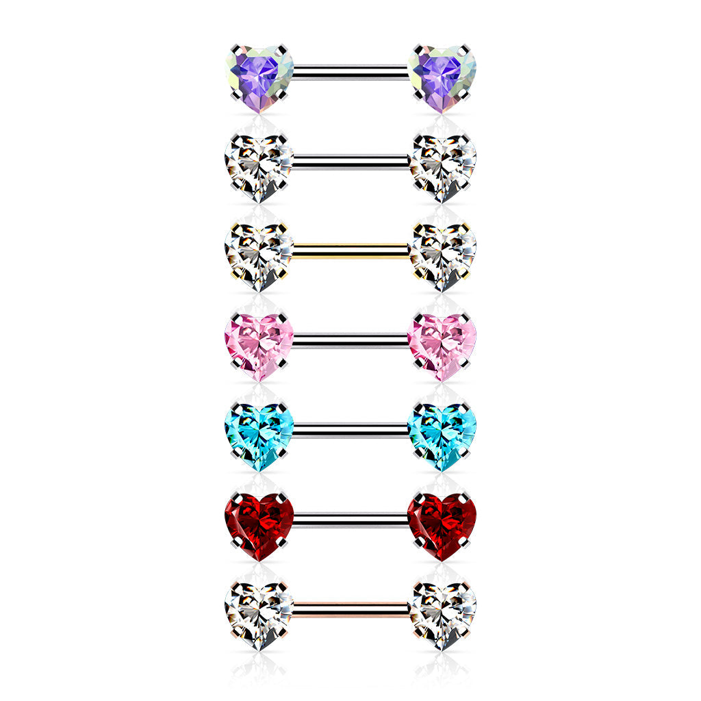 Threadless Surgical Steel Nipple Barbell Combo with Heart Gem Ends