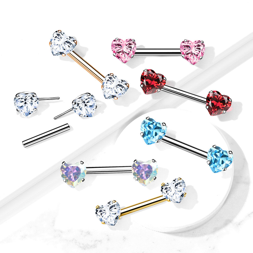 Threadless Surgical Steel Nipple Barbell Combo with Heart Gem Ends