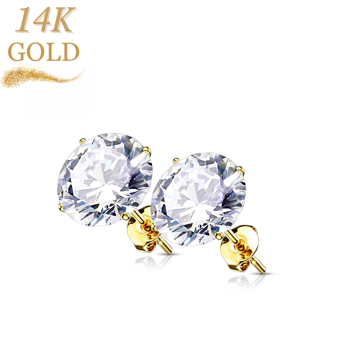 14K Gold Earrings with Round CZ in Prong Setting