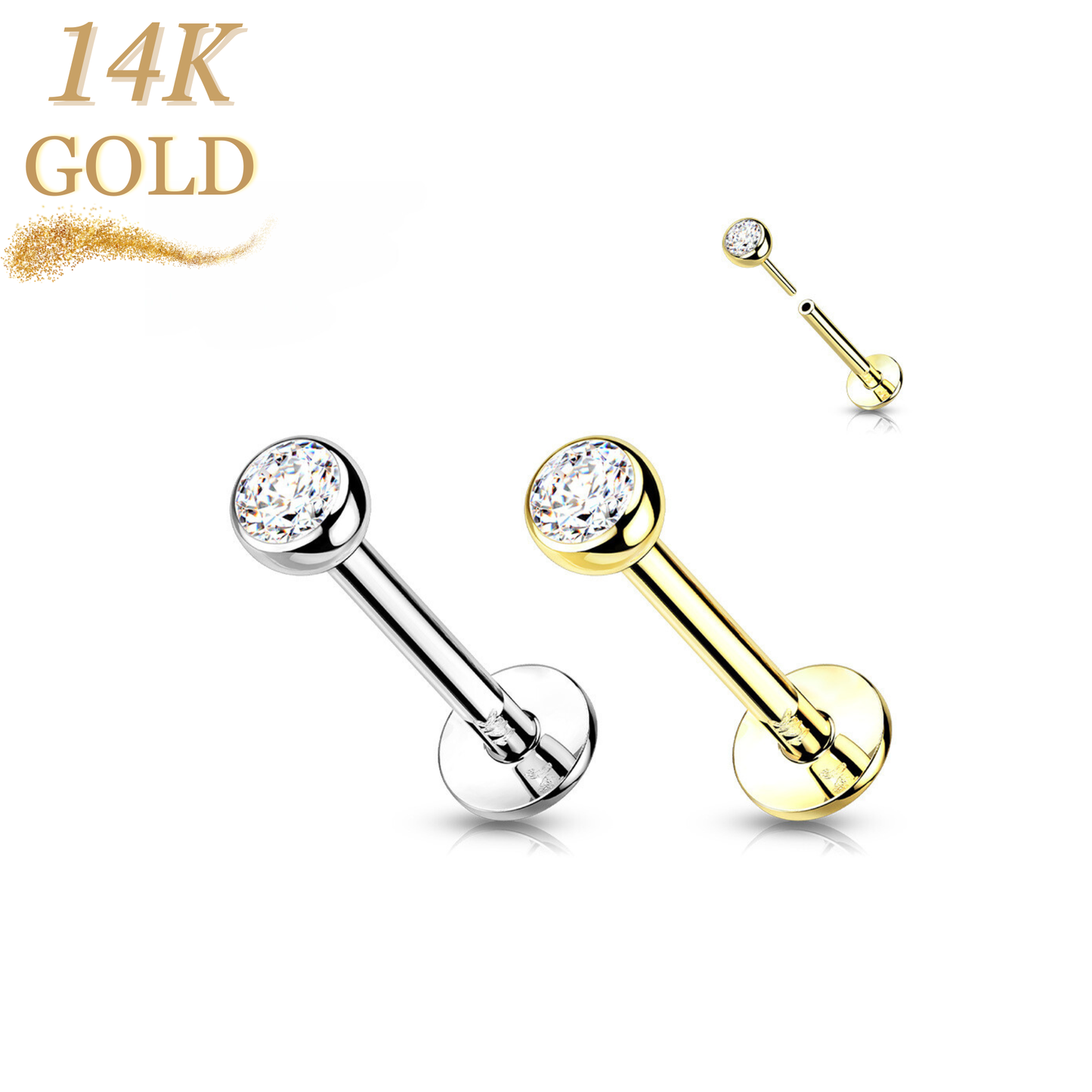 14K Gold Threadless Labret Combo with Bezel CZ Top