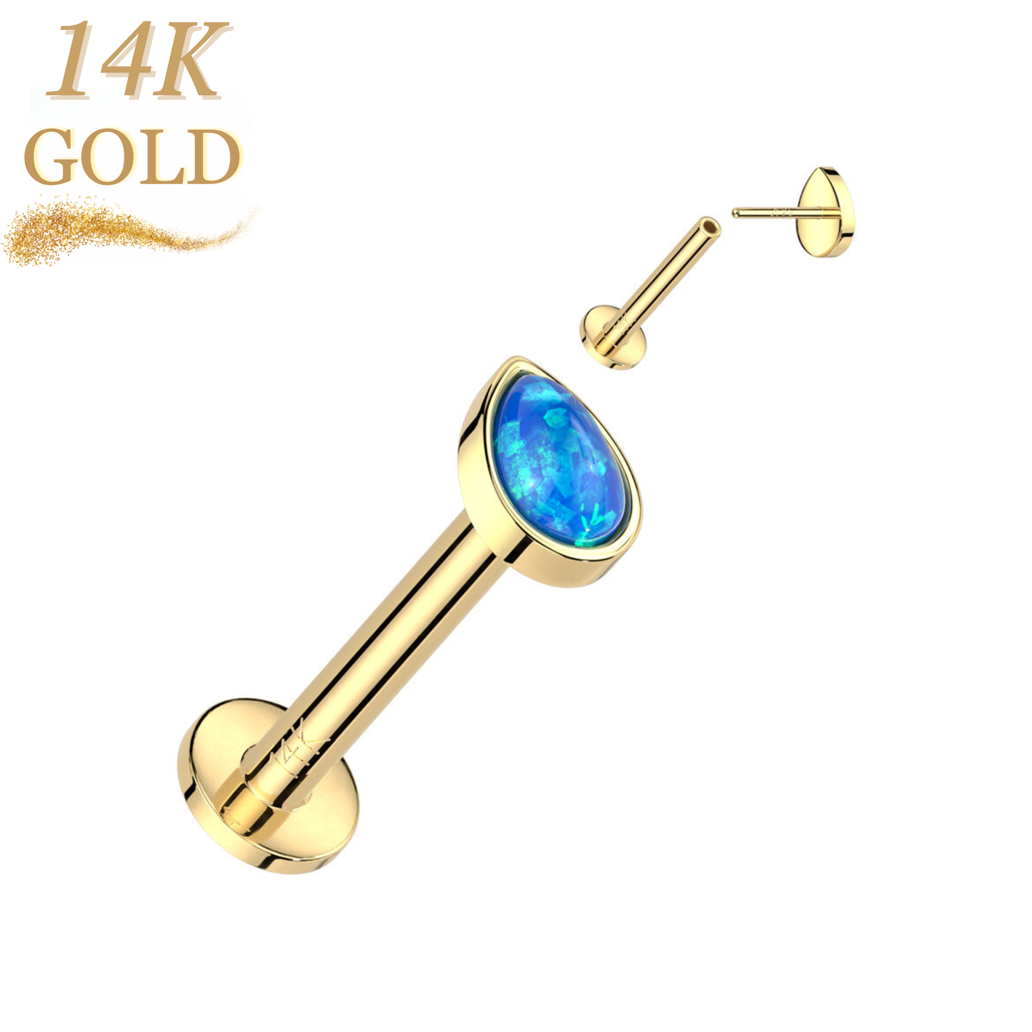 14K Gold Threadless Labret Combo with Pear Opal Top