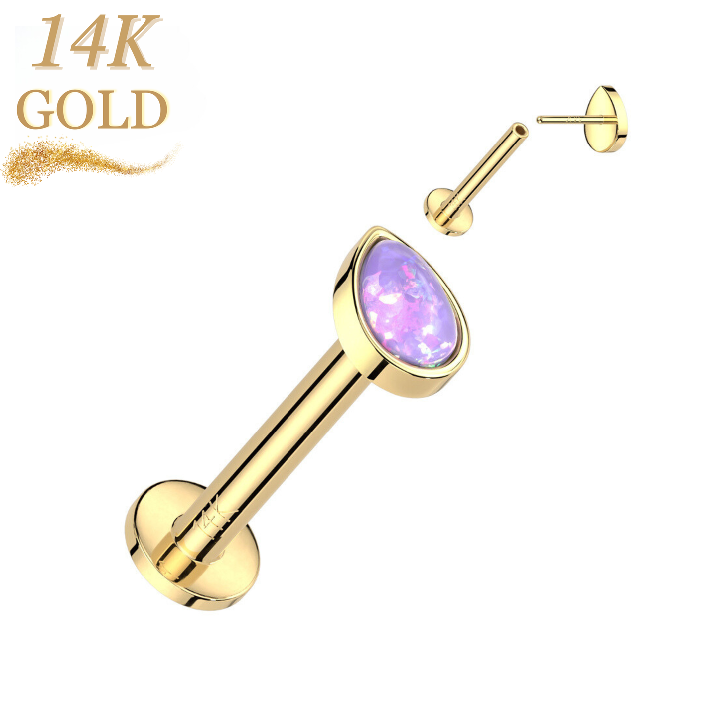 14K Gold Threadless Labret Combo with Pear Opal Top