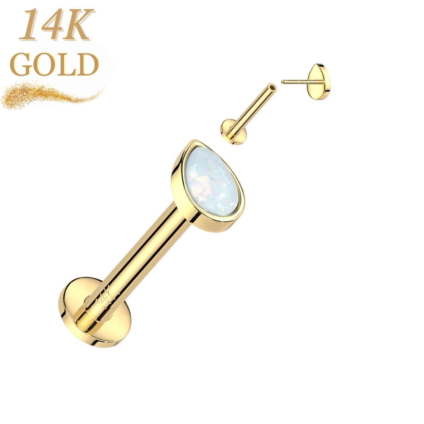 14K Gold Threadless Labret Combo with Pear Opal Top