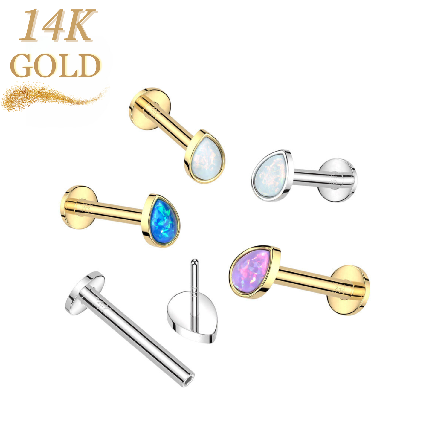 14K Gold Threadless Labret Combo with Pear Opal Top