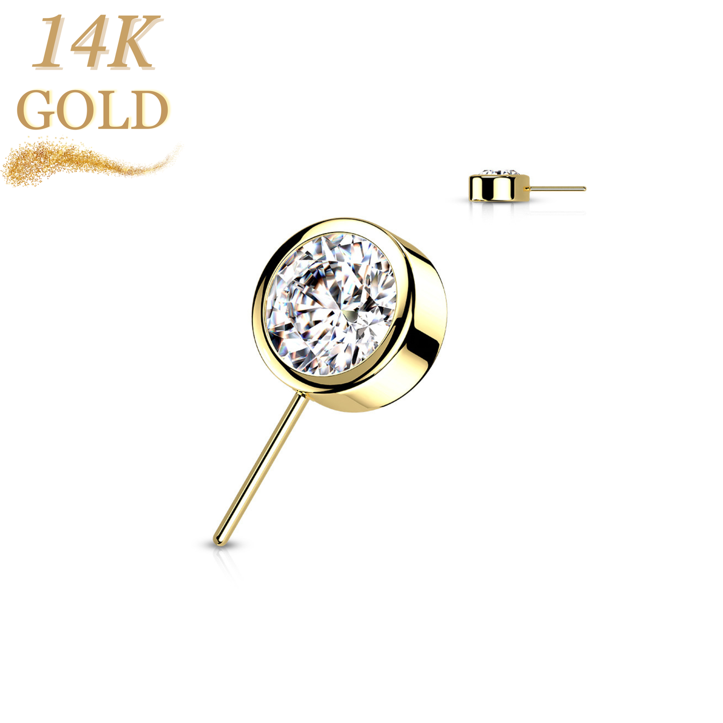 14K Gold Threadless Front Facing Bezel Set CZ Top Only