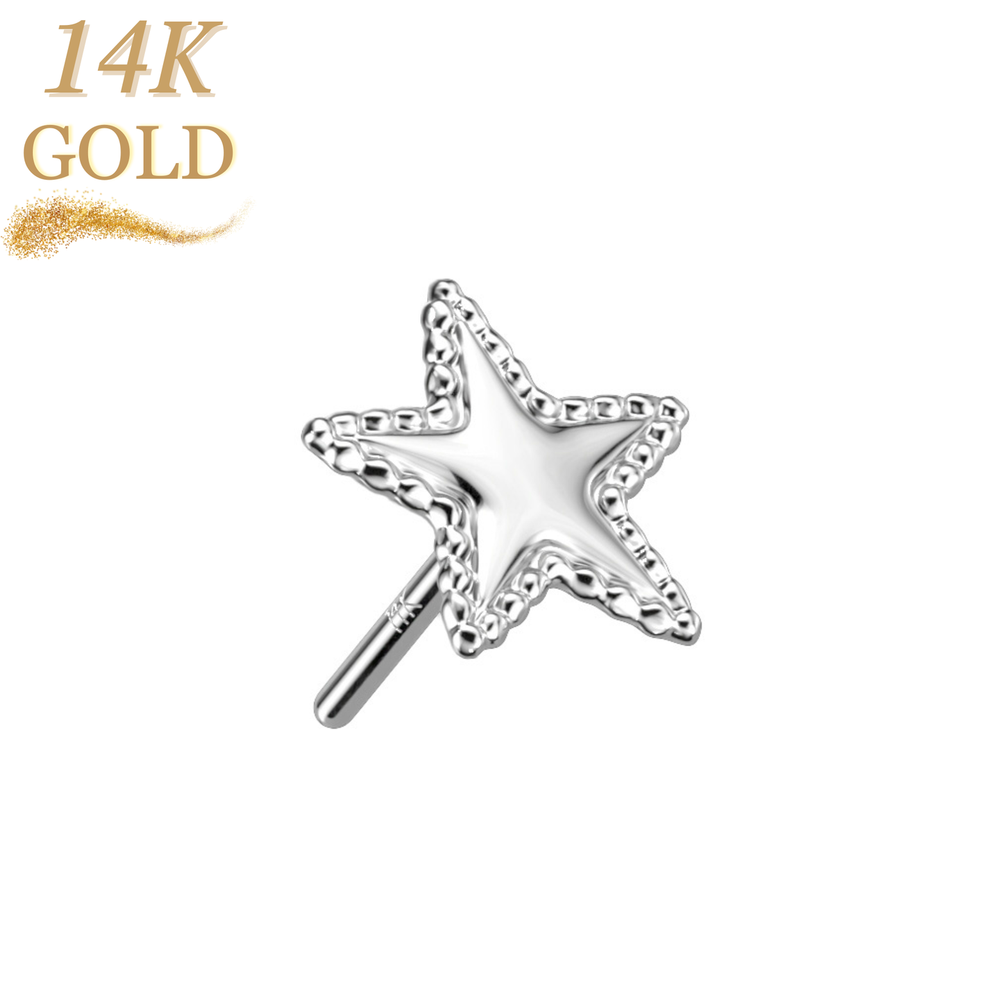 14K Gold Threadless Push In Star with Flat Beaded Edge Top Only