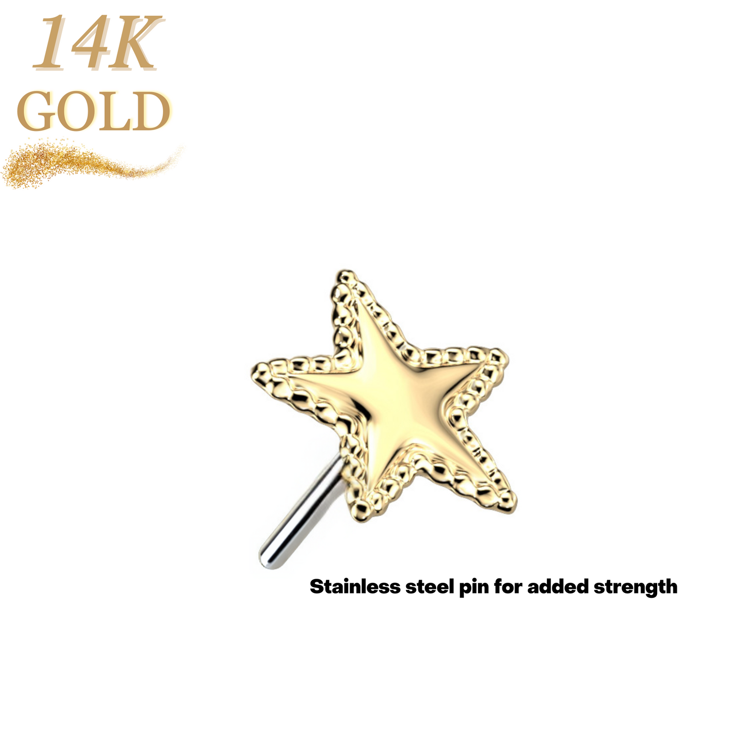 14K Gold Threadless Push In Star with Flat Beaded Edge Top Only