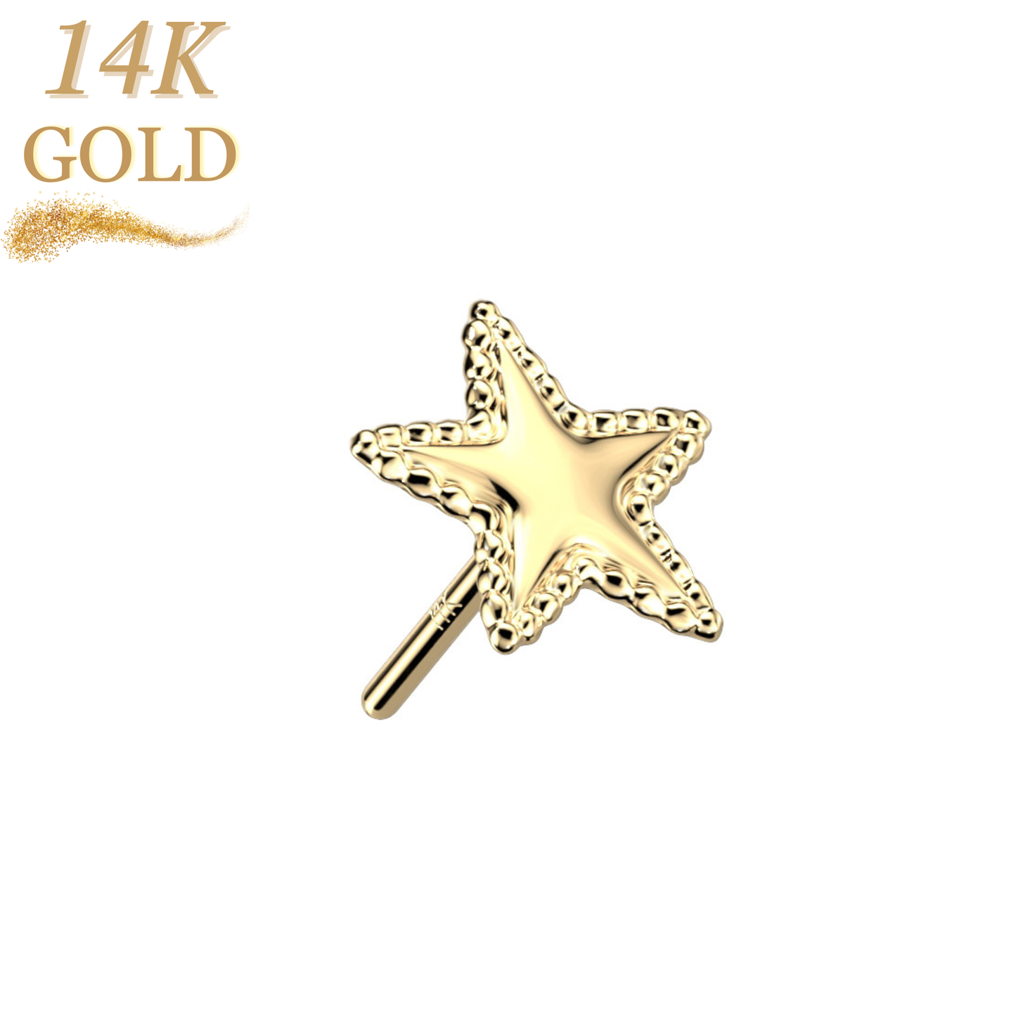 14K Gold Threadless Push In Star with Flat Beaded Edge Top Only