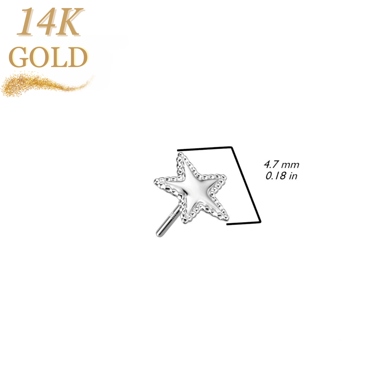 14K Gold Threadless Push In Star with Flat Beaded Edge Top Only