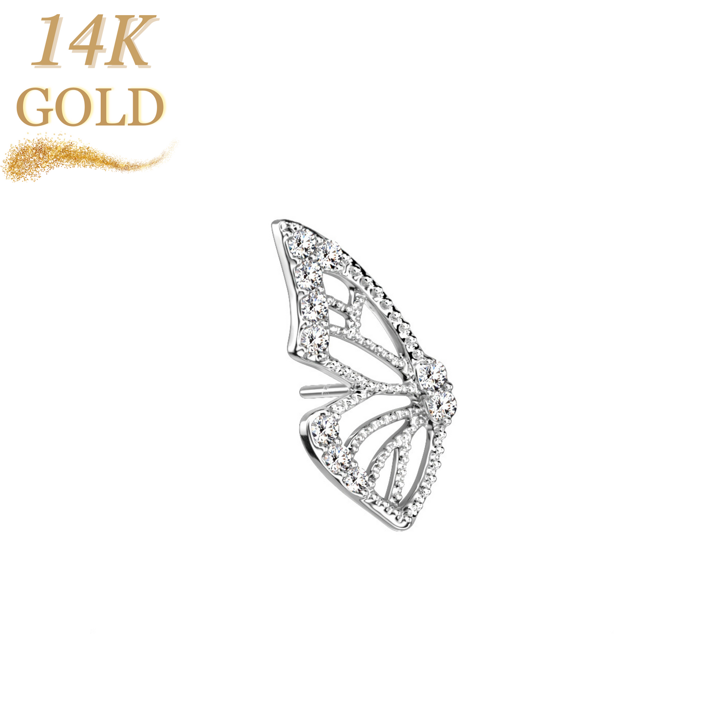 14K Gold Threadless Butterfly Wing with Paved CZ Left or Right Ear Top Only
