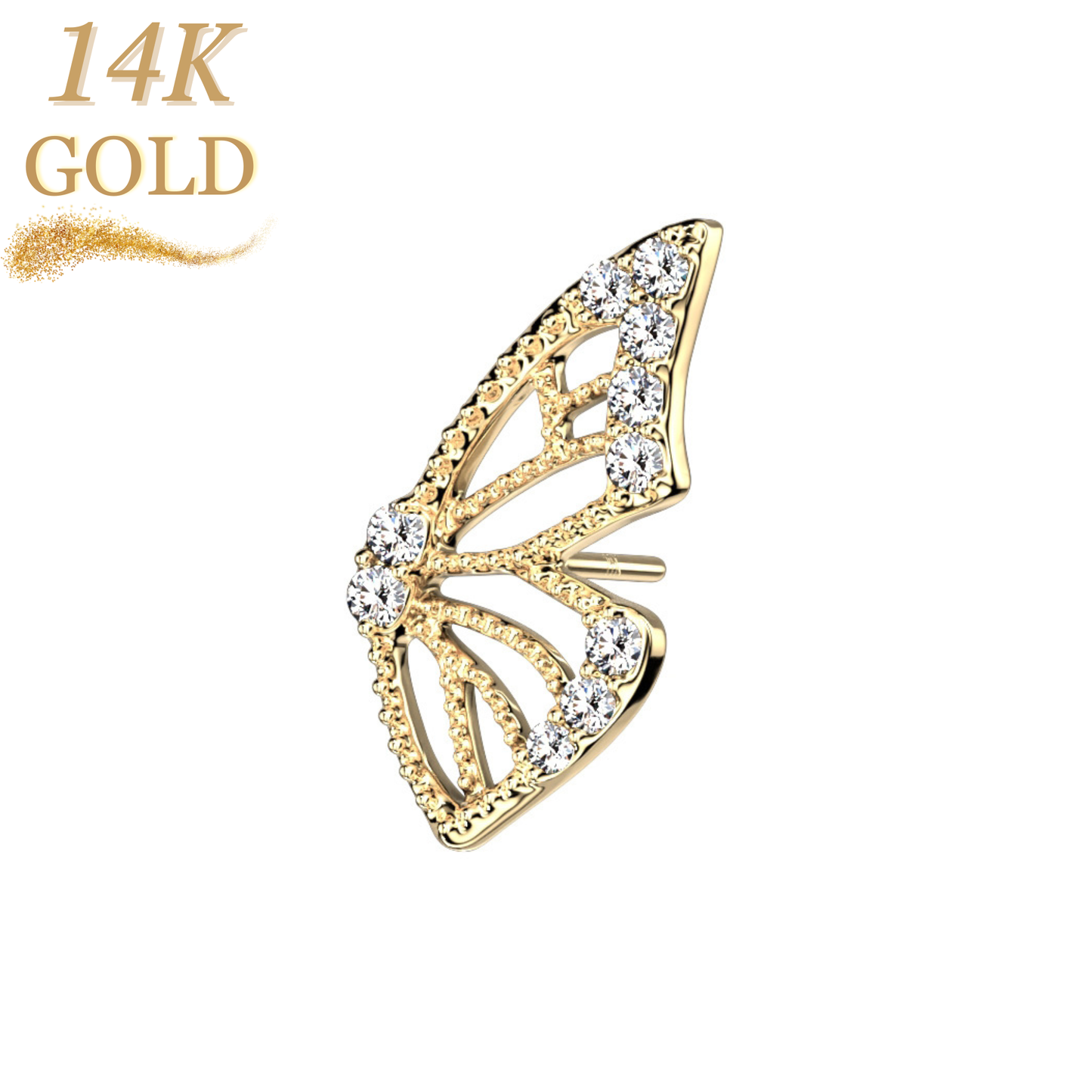 14K Gold Threadless Butterfly Wing with Paved CZ Left or Right Ear Top Only