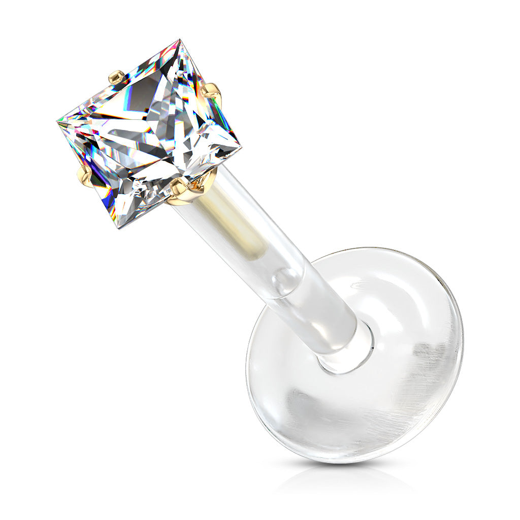 Threadless Acrylic Flat Back Labret Combo with Surgical Steel Prong Set Square CZ Top