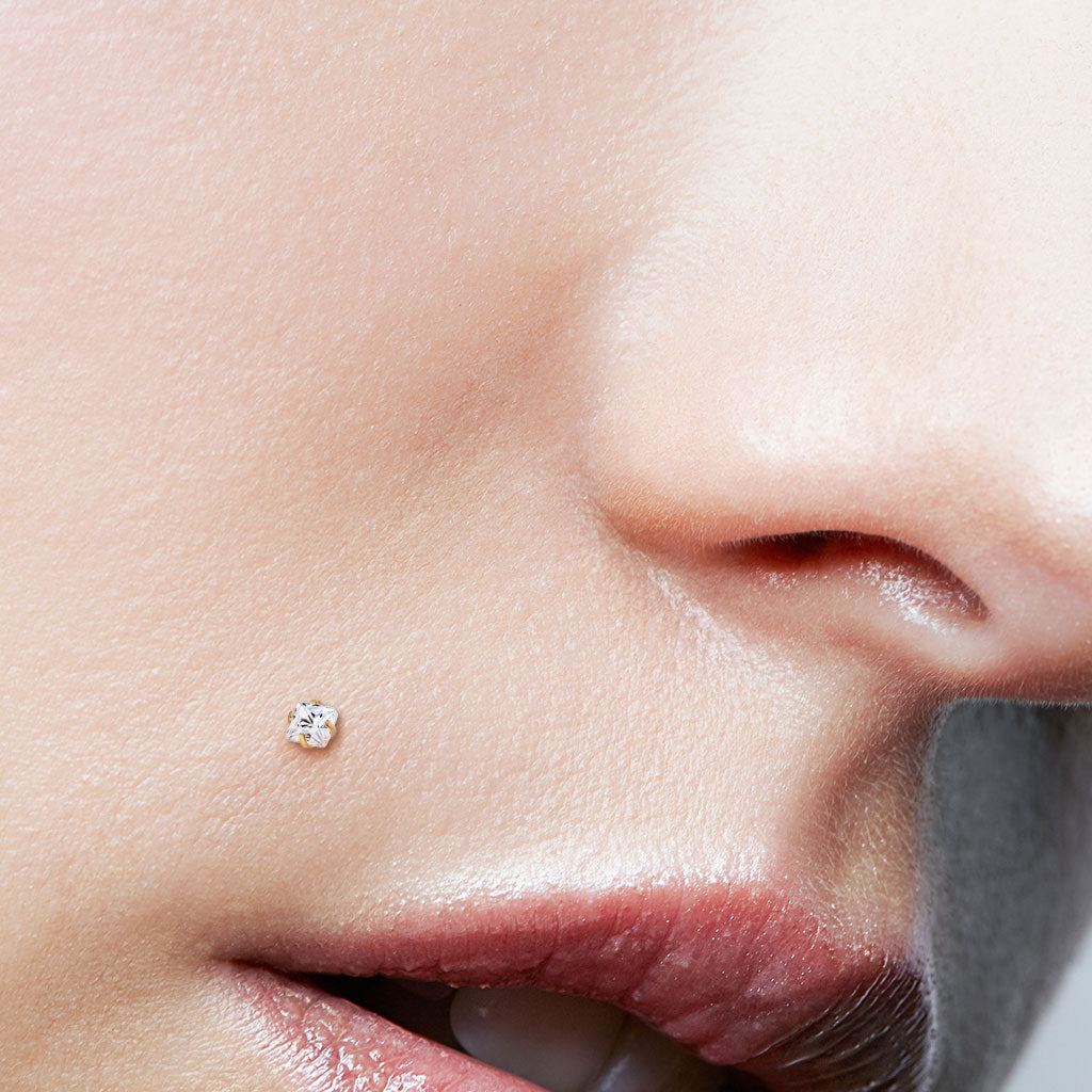 Threadless Acrylic Flat Back Labret Combo with Surgical Steel Prong Set Square CZ Top