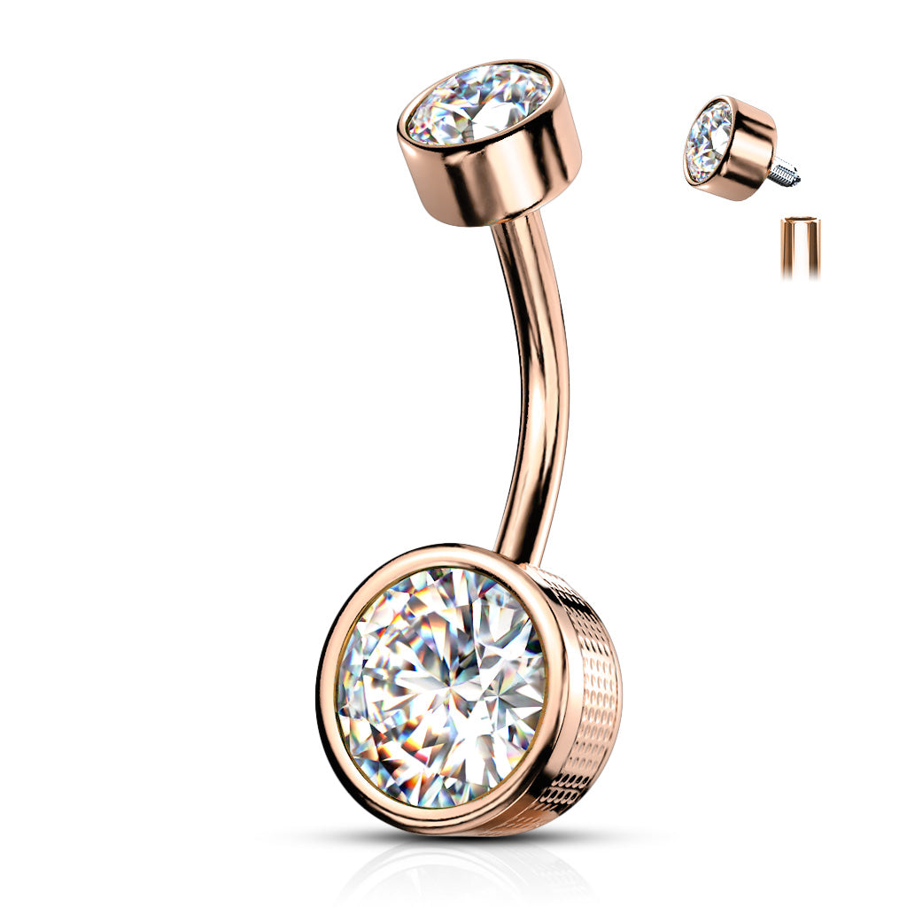 Surgical Steel Round Stamped Bezel CZ Internally Threaded Belly Banana