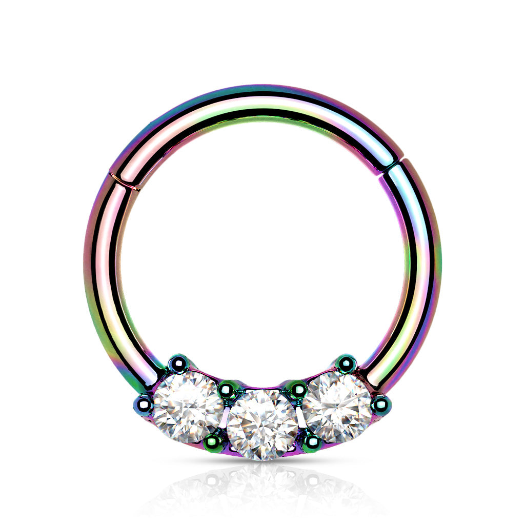 Surgical Steel Hinged Ring with Front Facing Prong Clasp 3 Gems