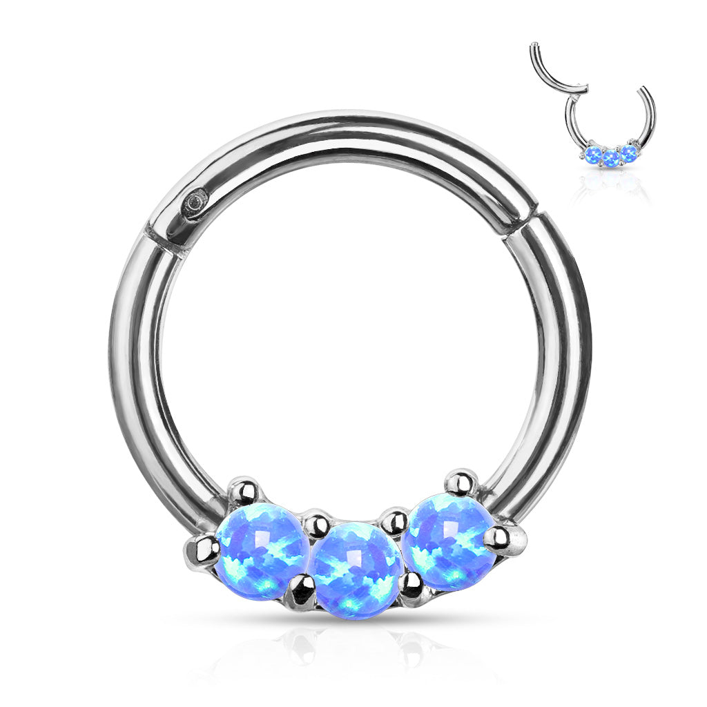 Surgical Steel Hinged Ring with Front Facing Prong Clasp 3 Opals