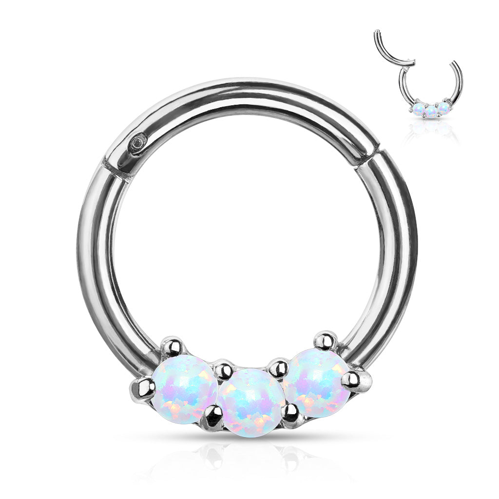 Surgical Steel Hinged Ring with Front Facing Prong Clasp 3 Opals