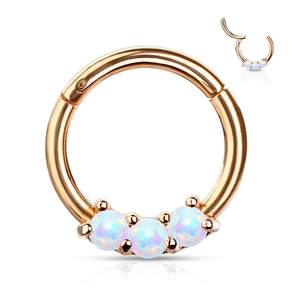 Surgical Steel Hinged Ring with Front Facing Prong Clasp 3 Opals