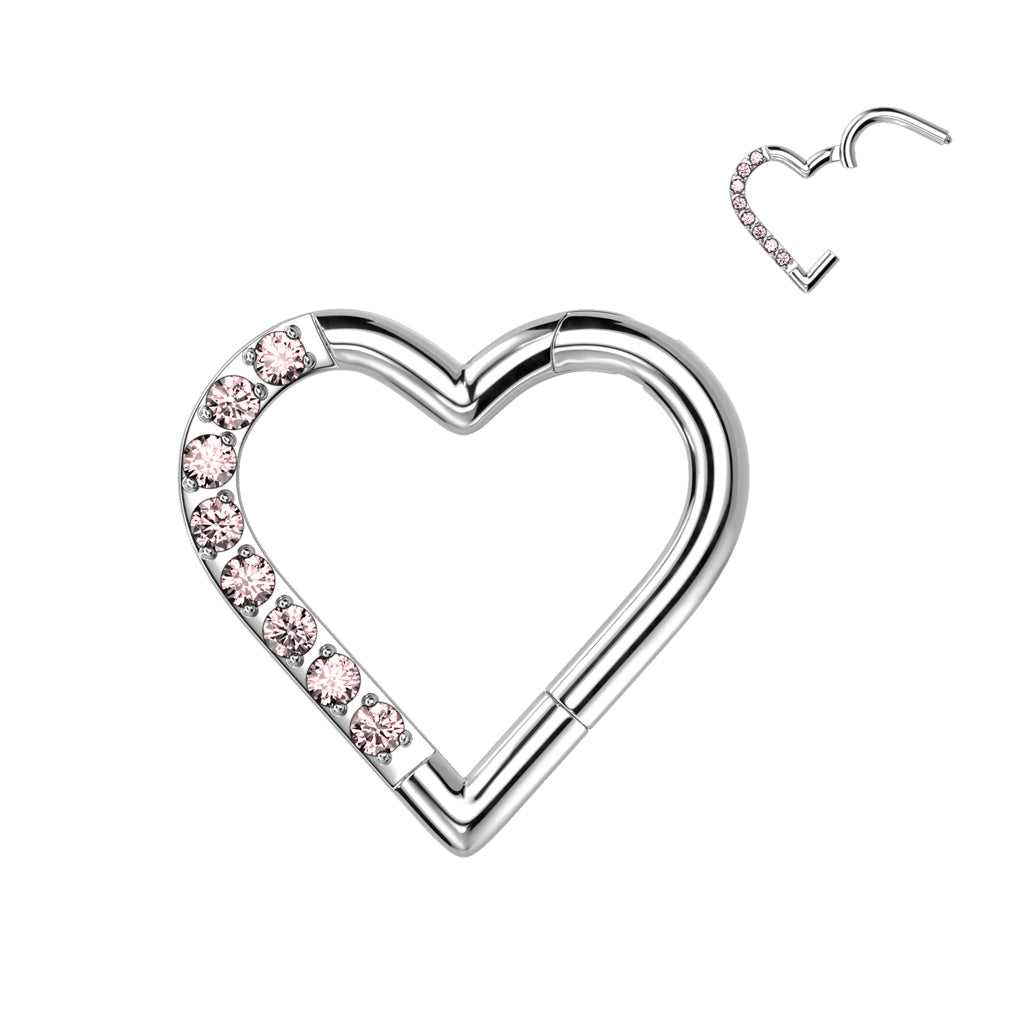 Titanium Hinged Half Paved Heart Ring with Gems for Left and Right Ear