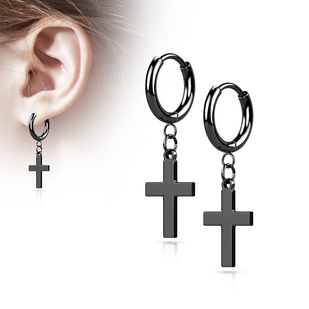 Surgical Steel Hinged Hoop Earrings with Cross Dangle