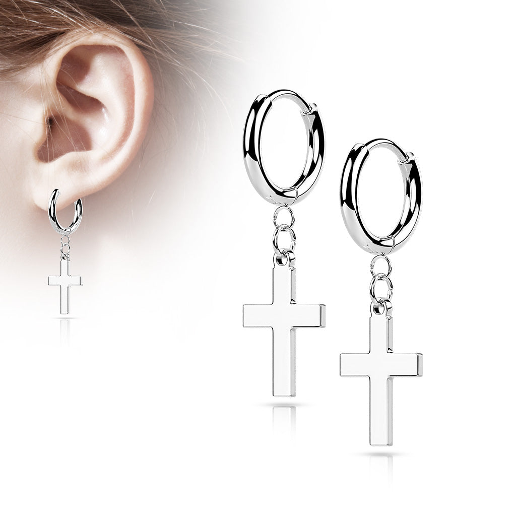Surgical Steel Hinged Hoop Earrings with Cross Dangle