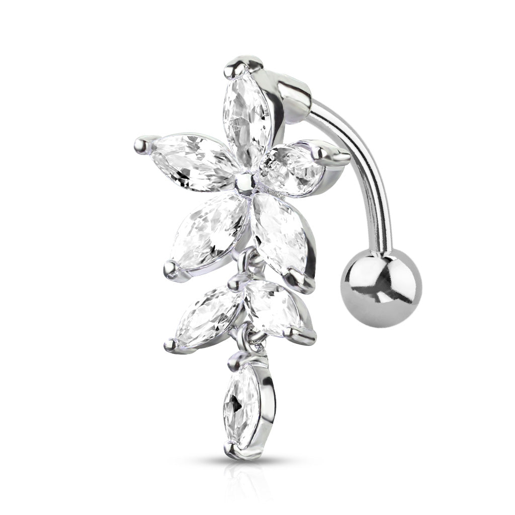 Belly Banana Surgical Steel Marquise CZ Flower & Vine Top Down External Thread