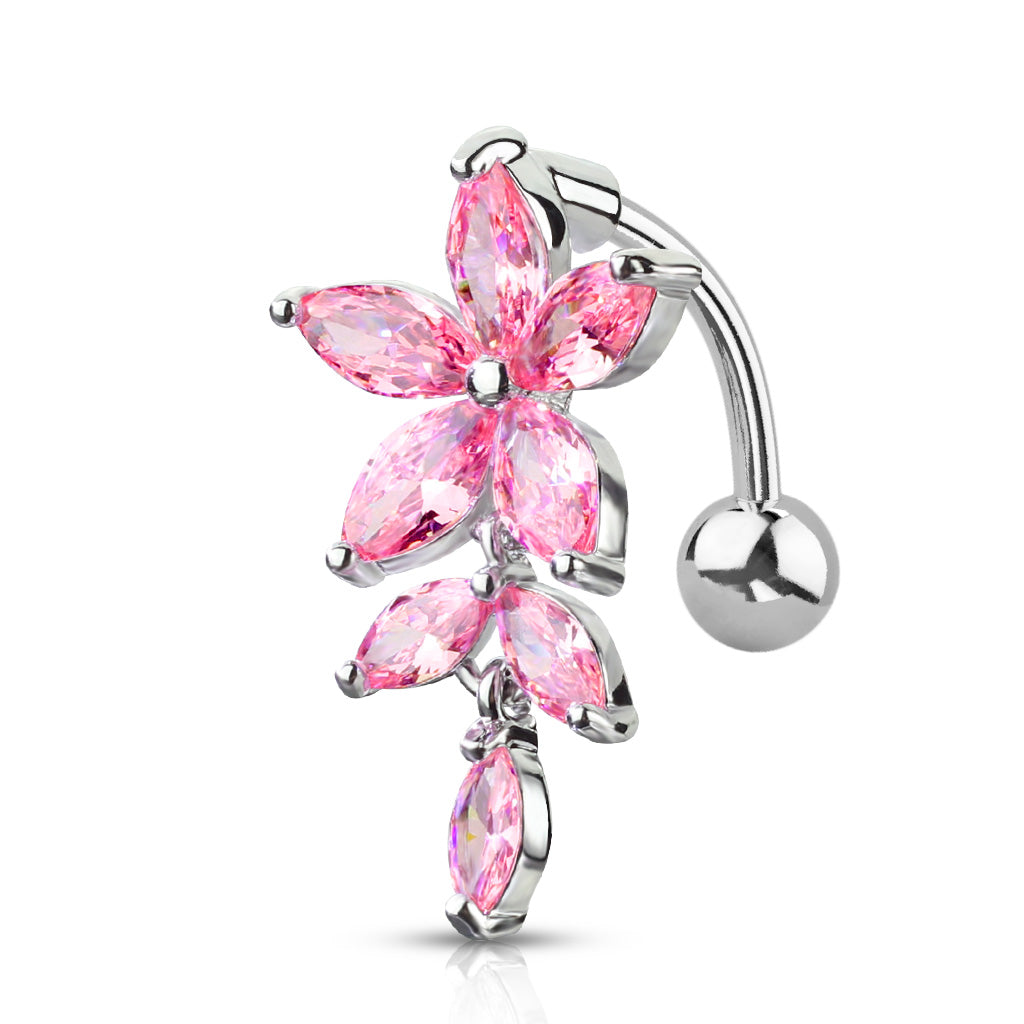 Belly Banana Surgical Steel Marquise CZ Flower & Vine Top Down External Thread