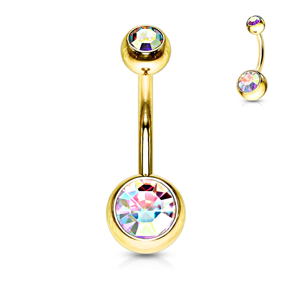 Gold Plated over Surgical Steel Double Jewel Belly Ring External Thread