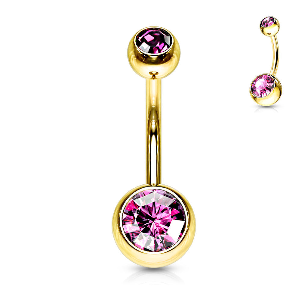 Gold Plated over Surgical Steel Double Jewel Belly Ring External Thread