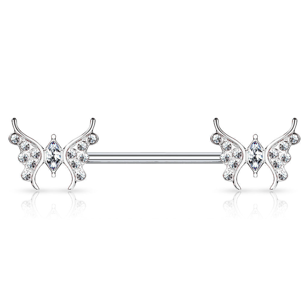 CZ Paved Butterfly Surgical Steel Nipple Barbell External Thread