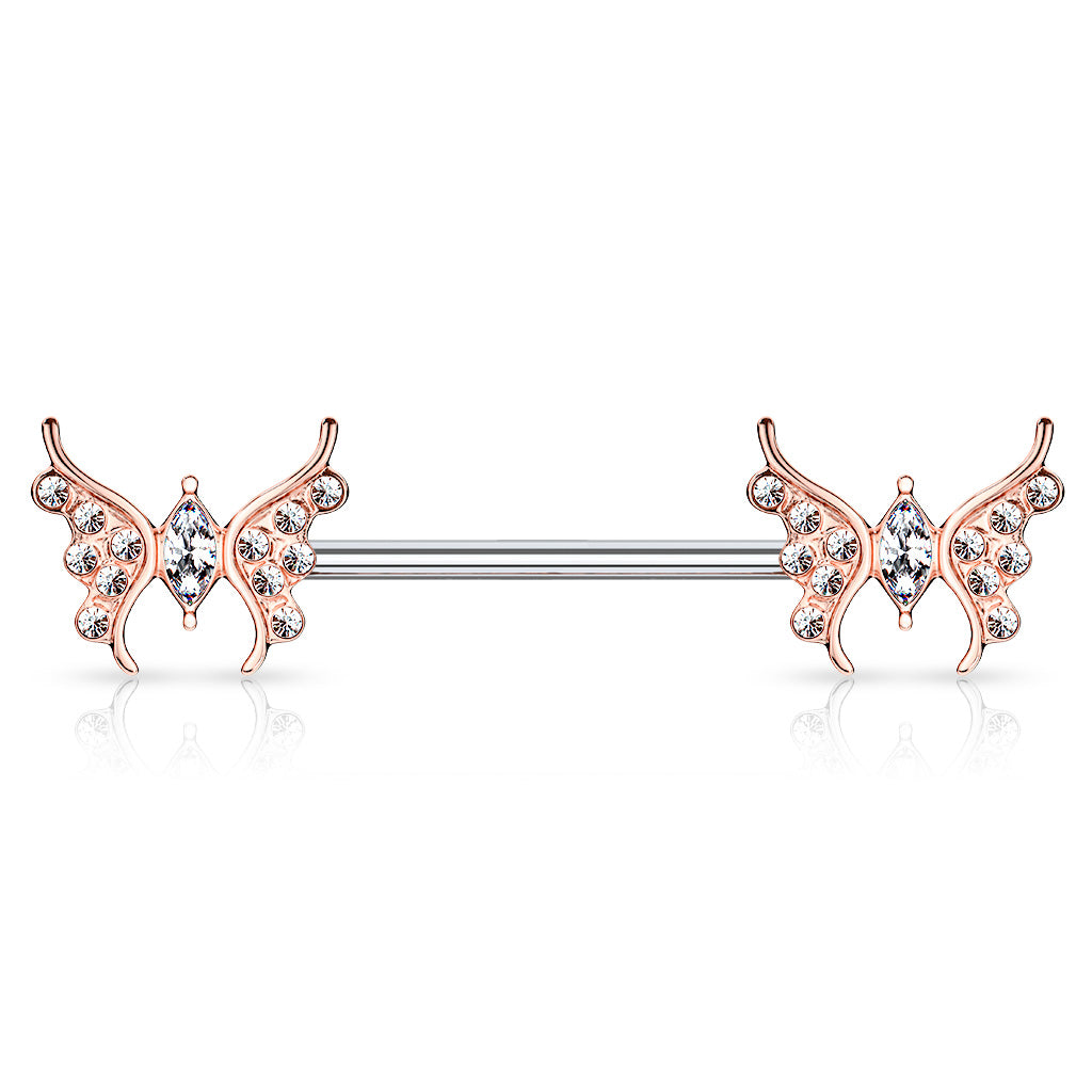 CZ Paved Butterfly Surgical Steel Nipple Barbell External Thread