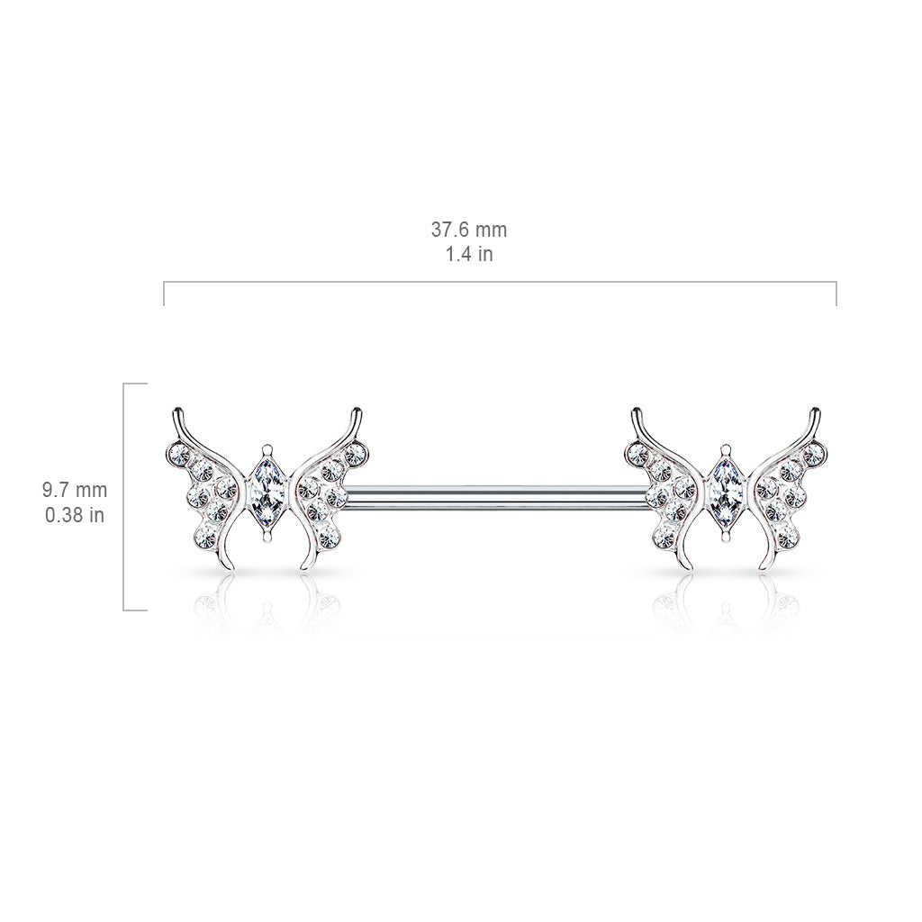 CZ Paved Butterfly Surgical Steel Nipple Barbell External Thread