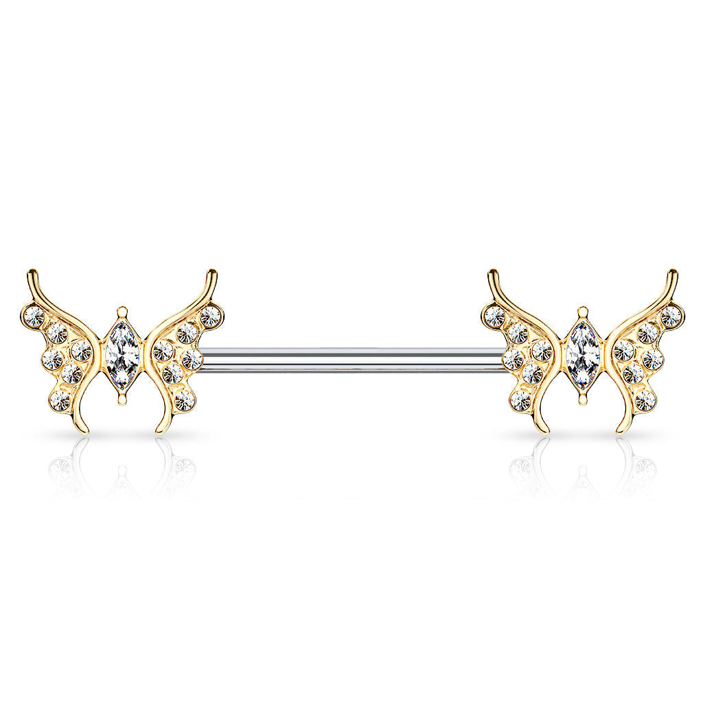 CZ Paved Butterfly Surgical Steel Nipple Barbell External Thread