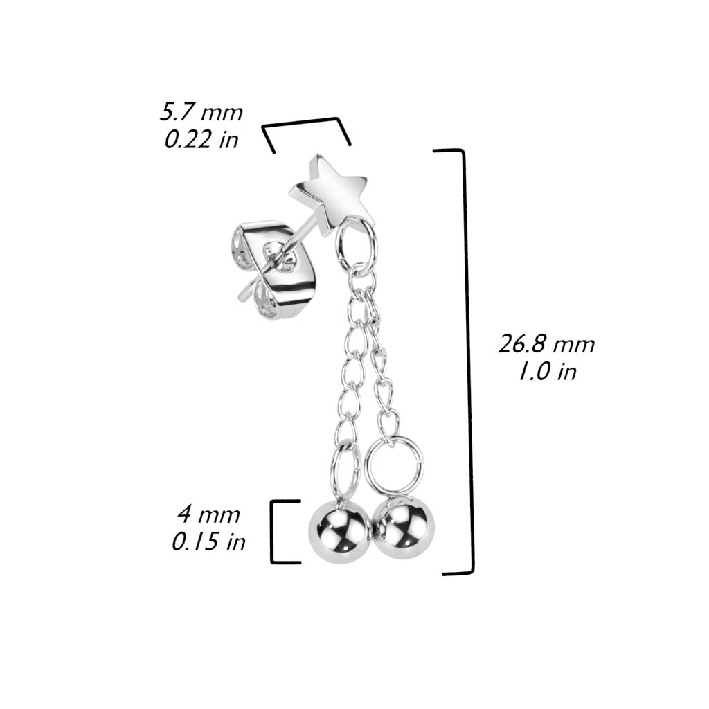 Surgical Steel Star Earrings with 2 Chain Drop Ball Dangles