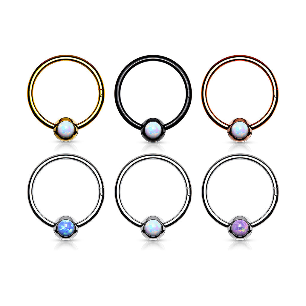 Surgical Steel Hinged Ring with Front Facing Single Opal Ball