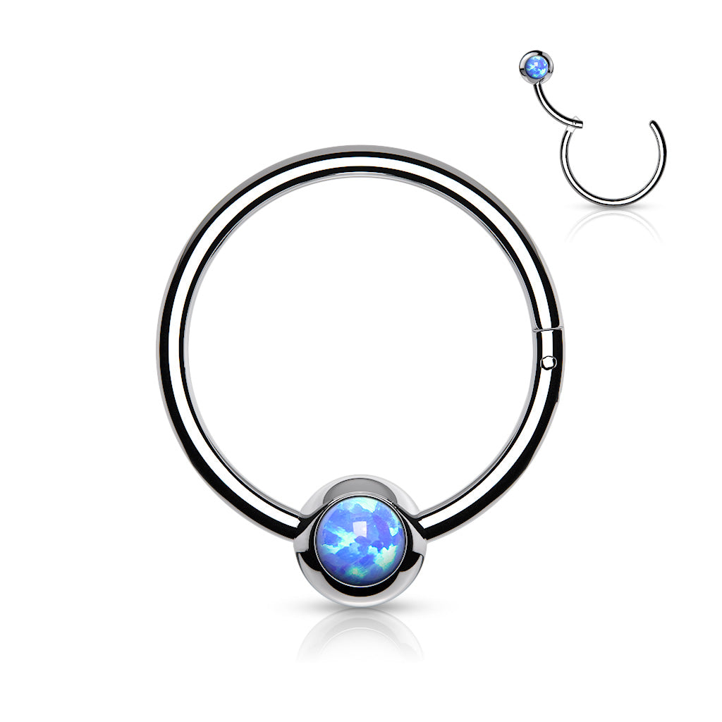 Surgical Steel Hinged Ring with Front Facing Single Opal Ball