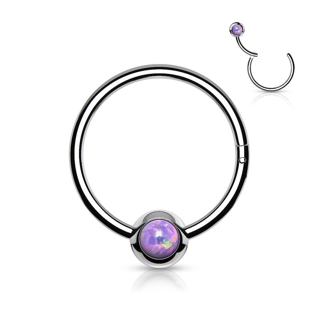 Surgical Steel Hinged Ring with Front Facing Single Opal Ball