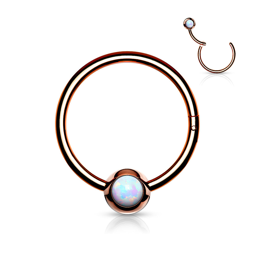 Surgical Steel Hinged Ring with Front Facing Single Opal Ball