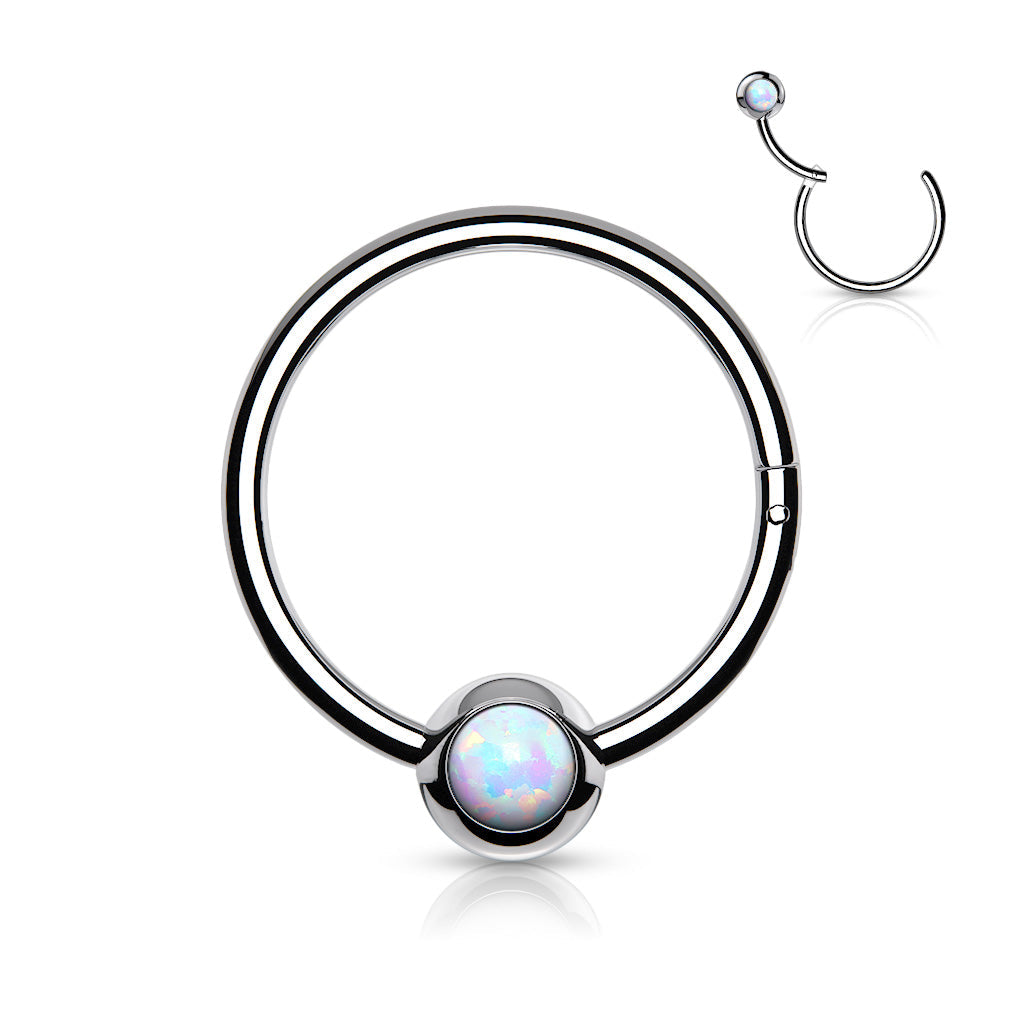 Surgical Steel Hinged Ring with Front Facing Single Opal Ball