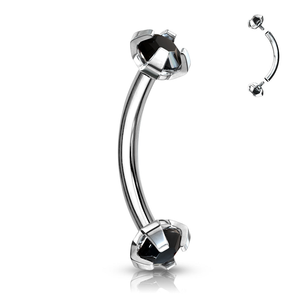 Surgical Steel Curved Barbells with Prong Gem Ends Internal Threading